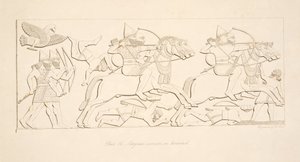 Asszír harcosok lóháton, Ninive emlékműveiből, kocsma. 1849 alkotó: Austen Henry Layard