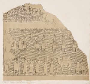 Foglyok és a fallal körülvett város egy része (Kouyunjik) illusztráció a Ninivei emlékművekből, 1858 alkotó: Austen Henry Layard