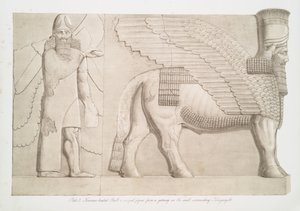 Emberfejű bika és szárnyas alak a Kouyunjikot [Quyunjik] körülvevő fal átjárójából, 1853