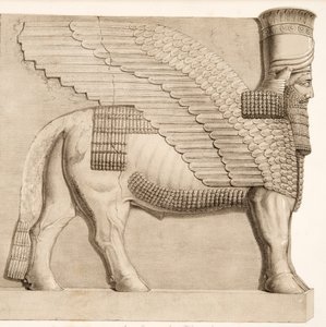 Emberfejű bika és szárnyas alak a Kouyunjik-ot körülvevő fal átjárójából, Ninive emlékművei, kocsma. 1849