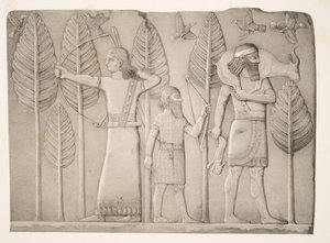 Vadászok gazellával, nyúllal és madarakkal (Khorsabad), a Monuments of Ninive, kocsma. 1849 alkotó: Austen Henry Layard