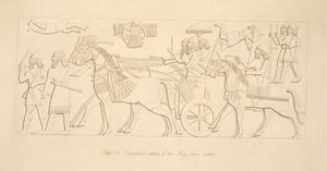 A király diadalmas visszatérése a csatából, Ninive emlékműveiből, kocsma. 1849 alkotó: Austen Henry Layard
