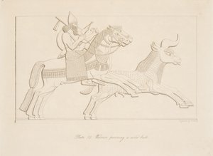 Harcos, aki egy vad bikát üldöz, Ninive emlékművei, kocsma. 1849 alkotó: Austen Henry Layard