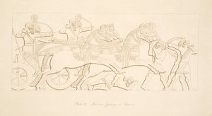 Harcosok harcoló szekereken, Ninive emlékműveiből, kocsma. 1849 alkotó: Austen Henry Layard