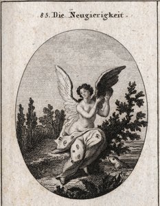 Allegorie de curiosite fülekkel és szemekkel tarkított drapériával ábrázolva A szárnyak megemelkedett. Metszet „” ikonnal vagy ideálokkal a szenvedélyek és allegóriák területéről, képletesen ábrázolva rajzolók, festők, költők, tudósok, oktatók és oktatók s alkotó: Austrian School