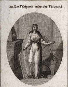 A kapacitás (vagy intelligencia) allegóriája. A teve és a tükör az ő tulajdonságai. Gravírozás "" ikonológiába, vagy a szenvedélyek és allegóriák területéről rajzolók, festők, költők, tudósok, oktatók és barátok számára ábrázolt ötletek alkotó: Austrian School