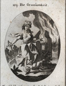 A kegyetlenség allegóriája. A tigrisfej, amelyen ez van, és a gyémánt a szíven a szív keménységét jelenti. Egy gyereket zúz a lába alá, egyik kezével véres tőrt tart, a másiknak pedig egy égő házat mutat. Gravírozás „” Iconolo-ban alkotó: Austrian School