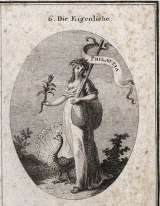 Az önszeretet allegóriája egy fiatal nőt ábrázol, aki bagettel zárja le a hibáit jelképező táskát, amelyre a görög „Philautia” fordítás van ráírva. Tulajdonságai: a kereket készítő páva és a nárciszvirág. Metszet „” ikonológiában alkotó: Austrian School