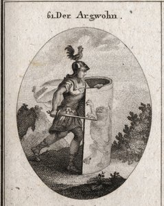 A gyanú allegóriája bevág egy pajzs mögé, amelyen egy oroszlán áll, Arisztotelész szerint a gyanú jelképe, a sisakon pedig egy kakas, amely az éberséget jelképezi. Gravírozás „” Iconologie oder Ideen aus dem Gebiete der Leidenschaften und Alleg alkotó: Austrian School