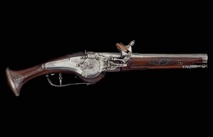 Karintiai (Ferlach) pisztoly kerékreteszelő mechanizmussal, belső automatikus biztonsági rendszerrel, 1650 körül (acél és dió) alkotó: Austrian School