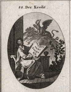 Hitel-allegória „” Solutus omni foenore” feliratú könyvet tart a kezében (Minden nyereménytől mentes). A háttérben a griffon jelképe a trezorok megőrzésének és megőrzésének. Metszet „” Iconologie oder Ideen aus dem Gebiete der Leiden nyelven alkotó: Austrian School