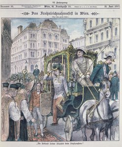 Ferenc József osztrák császár a bécsi Szent István-székesegyházba érkezik, hogy megünnepelje Corpus Christi (Fronleichnam) ünnepét, 1897; alkotó: Austrian School