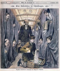 Angol vámtisztek poggyászokat vizsgálnak egy hálókocsiban alkotó: Austrian School
