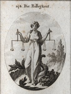 Méltányosság-allegória két mérleget tart egy magasságban. Tulajdonsága a bőség kürtje, hogy megmutassa, jósággal jutalmazza, miután helyesen tisztázott. Metszet „” Iconologie oder Ideen aus dem Gebiete der Leidenschaften und Allegorien bildic betűkkel alkotó: Austrian School