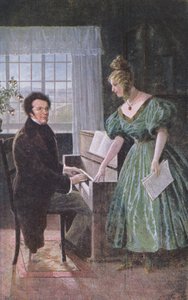 Franz Peter Schubert (1797-1828) zongorázik, képeslap 1910 körül alkotó: Austrian School