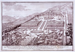 Huldenburg báró csodálatos kertjei és palotája, amelyet ő épített Widlingsauban, 1719 alkotó: Austrian School