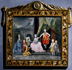 Pierre-Leopold, Habsburg-Lorraine (Pierre Leopold, Habsburg Lorraine) portréja (1747-1792) (akkor a Szent Birodalom II. Leopold vagy Ausztria) a családjával (feleségével, Marie Louise-vel és 8 gyermekük) miniatűr festményével veszi körül. 1776 Vienna Hofbo alkotó: Austrian School