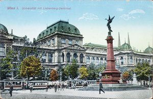 A Bécsi Egyetemet és a Liebenberg-emlékművet ábrázoló képeslap, 1915 körül alkotó: Austrian School