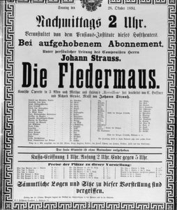 Az ifjabb Johann Strauss "Die Fledermaus" című plakátja a Bécsi Állami Operaházban tartott előadásra, 1894. október 28-án (litho)