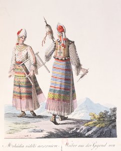 Nők hagyományos ruhában a Mehadia régióból, illusztráció a Costumes de Hongrie könyvéből, J.H. de Bikkesy, 1810 (színes metszet) alkotó: Austrian School
