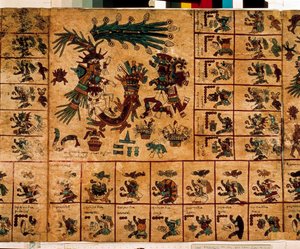 Azték istenségek és a naptárnak megfelelő dobozok ábrázolása. Az azték kéreg kéziratának oldala „Codex Borbonicus”, Közép-Mexikó prekolumbiai őslakos kódexe, 15. század vége. Nemzetgyűlés könyvtára (Palais Bourbon). alkotó: Aztec