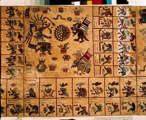 Azték istenségek és a naptárnak megfelelő dobozok ábrázolása. Az azték kéreg kéziratának oldala „Codex Borbonicus”, Közép-Mexikó prekolumbiai őslakos kódexe, 15. század vége. Nemzetgyűlés könyvtára (Palais Bourbon). alkotó: Aztec