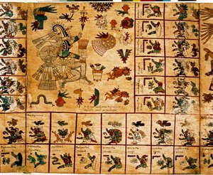 Azték istenségek és a naptárnak megfelelő dobozok ábrázolása. Az azték kéreg kéziratának oldala „Codex Borbonicus”, Közép-Mexikó prekolumbiai őslakos kódexe, 15. század vége. Nemzetgyűlés könyvtára (Palais Bourbon). alkotó: Aztec