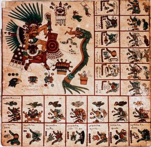 Quetzalcoatl és Tezcatlipoca, azték istenségek és a naptárnak megfelelő dobozok ábrázolása. Az azték kéreg kéziratának oldala „Codex Borbonicus”, Közép-Mexikó prekolumbiai őslakos kódexe, 15. század vége. Nemzeti Könyvtár
