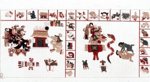 Az azték isten Cihuacohuatl egy hieroglif kéziratban, piktogramokban ábrázolva.