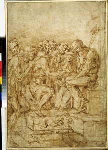 "Krisztus a szenvedély szimbólumaival hét alakkal körülvéve" (Krisztus a szenvedélyek szimbólumaival, amelyet hét alak kísér) Rajz barna tintával: Baccio Bandinelli (1493-1560) 16. századi Puskin Múzeum Moszkva alkotó: Baccio Bandinelli