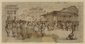 Firenzei piactér figurákkal (kréta, toll és tinta, valamint papírra mosás)