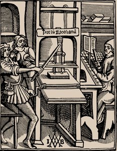 Prelum Ascensianum: nyomtató készülék a nyomdával a munkahelyen, 1508. alkotó: Badius
