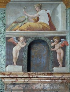 A Sala delle Prospettive Hall of Perspective részlete a trompe loeil fülkéből, amely Juno istennőt pávával ábrázolja, 1518-19-es freskó