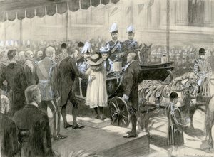 VII. Edward király és Alexandra királynő - London Megyei Tanács standja a Trafalgar téren, 1902. október 24. (akvarell, papír)