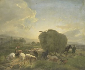 Táj juhokkal és szénás kocsival