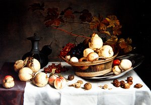 Birscsendélet kosárban, egyéb gyümölcsök és tárgyak (olaj a panelen) alkotó: Balthasar van der Ast