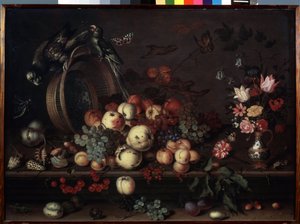 "Csendélet gyümölcsökkel, virágokkal és papagájokkal" (más néven "Csendélet gyümölcsökkel, kagylókkal és rovarokkal") Balthasar van der Ast (1593/4-1657) festménye 1620 körül Méret: 75x104 cm Ermi Múzeum alkotó: Balthasar van der Ast