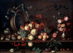 Csendélet gyümölcsökkel, virágokkal és papagájokkal, 1620-as évek alkotó: Balthasar van der Ast