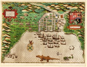 Domingo, Drakes West Indian Voyage 1585-86, pub. 1589 (kézzel színezett metszet)