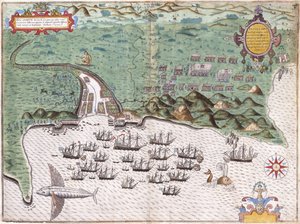 Santiago (Zöld-foki-szigetek) látványterve, Sir Francis Drake támadása a spanyol erőd ellen 1585. november 17-én, 1588-99 körül
