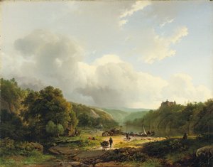 A bárka kirakodása hullámzó tájon, 1831 alkotó: Barend Cornelis Koekkoek