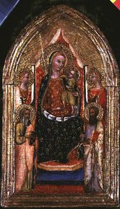 Madonna és a Szent Bertalan és más szentekkel trónoló gyermek alkotó: Bargello Master