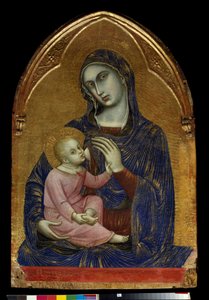 A Szűz és a Gyermek Mária szoptatja Jézus Krisztust, akinek korall nyaklánca van. Barnaba da Modena festménye fára (1361-től 1383-ig ismert) Dim. 1,09x0,72 m Párizs, Musee du Louvre.