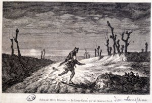 Vérfarkas (vérfarkas) megtámad egy embert - ap. Maurice Sand festménye, amely az 1857-es Szalonban volt kiállítva. alkotó: Baron Dudevant Jean Francois Maurice (after) Sand
