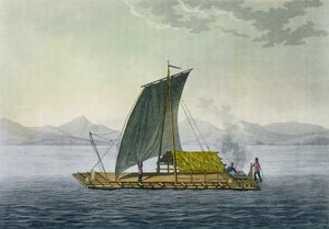 Az ecuadori Guayaquil kikötőjét elhagyó tutaj a „Le Costume Ancien et Moderne” II. kötet 9. táblájából, Jules Ferrariotól, Paolo Fumagalli metszetében, az 1820-as és 30-as évek körül megjelent alkotó: Baron Friedrich Alexander von Humboldt