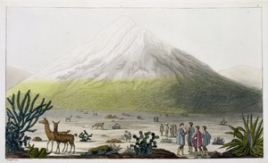 Mount Chimborazo, Ecuador, a „Le Costume Ancien et Moderne” II. kötet 3. táblájából, Jules Ferrario, metszett Paolo Fumagalli, kiadva az 1820-as és 30-as évek körül