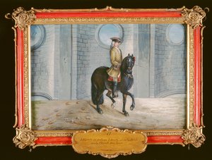 17. szám A Spanyol Lovasiskola sötét öblös lova váll-akaratban díjlovagló lépést hajt végre (papíron wc)
