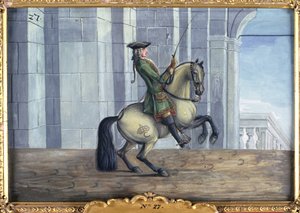 27. sz. A Spanyol Lovasiskola szürke lova, aki a Levade nevű díjlovas mozgást végez (papíron wc)