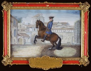 35. sz. A Spanyol Lovasiskola Barbary bay lova díjlovaglást végrehajtva a firenzei Szent Márk téren (wc papíron)
