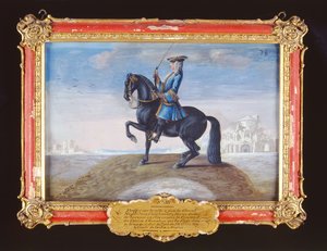 38. sz. A Spanyol Lovasiskola nápolyi calabriai lova, aki a Piaffe nevű díjlovas mozgást hajt végre (papíron wc)